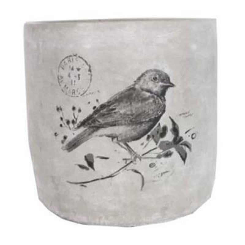 Large grey bird print concrete pot cover  By the designer Gisela Graham who designs really beautiful gifts for your garden and home.(LxWxD) 16x17x17cm